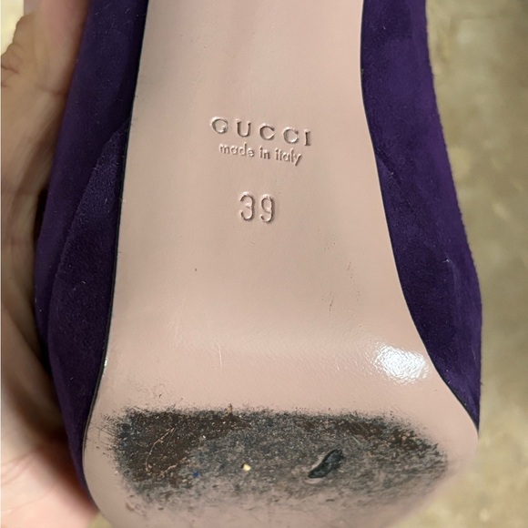 Gucci Plum Suede Leather Peep Toe Platform Heels - Picture 7 of 7